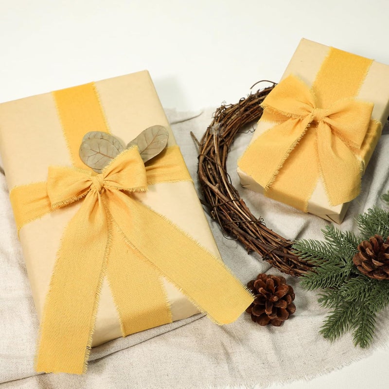 Keypan Yellow Ribbon 1-1/2 x 15 Yards Handmade Cotton Frayed Fringe Fabric Ribbons for Crafts Flower Bouquets Wedding Baby Shower Home DIY Decor - Image 5